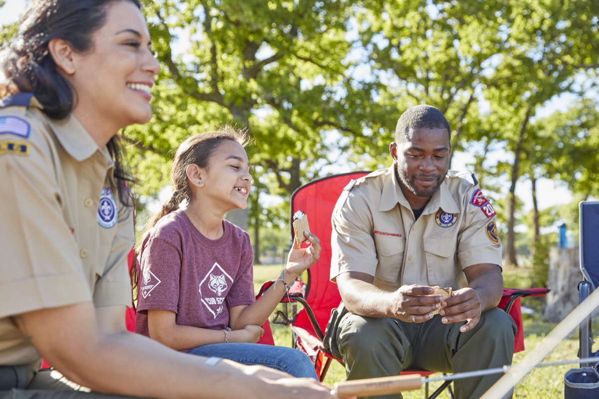 Scouts and families on a forest trail